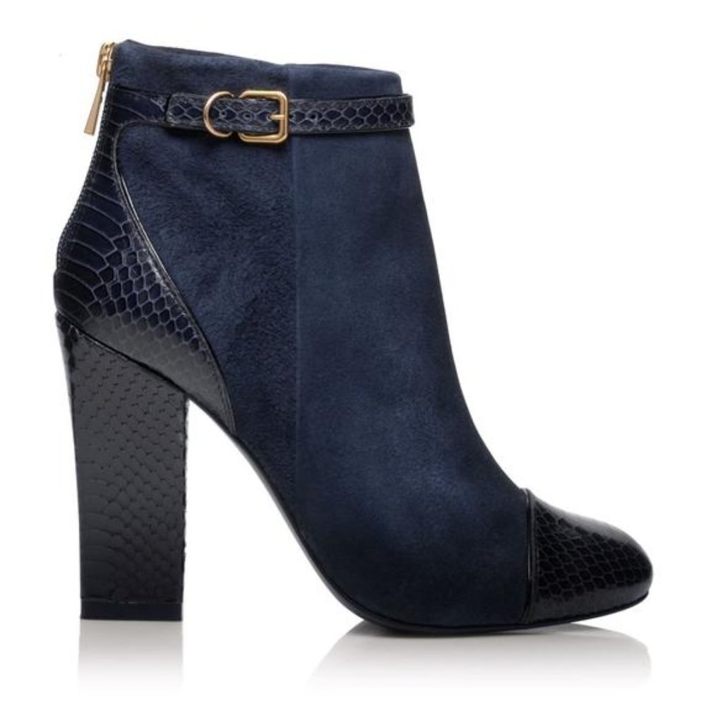 Tory Burch NWOT Gracie Suede Navy Ankle Boots Embossed Alligator Leather Heeled